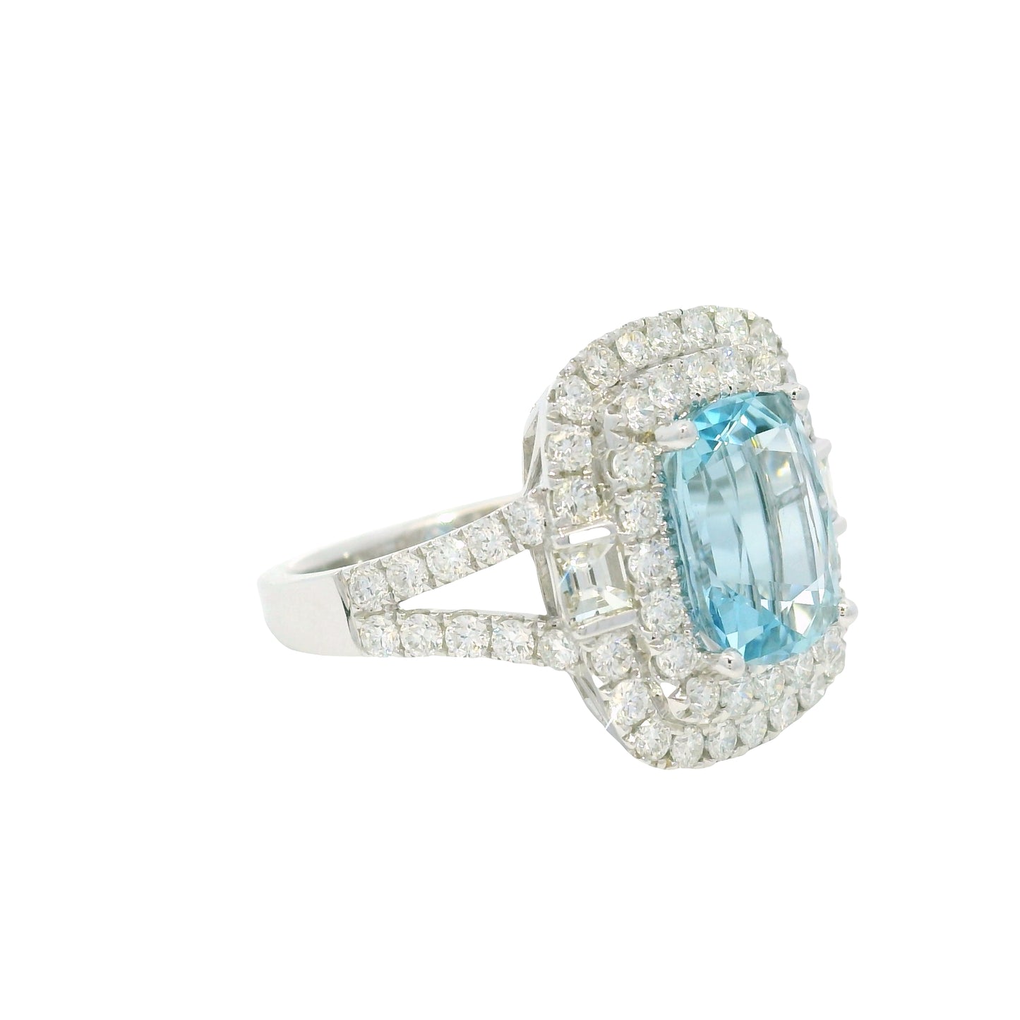 14K White Gold Natural Aquamarine & Diamond Double Halo Split Shank Ring