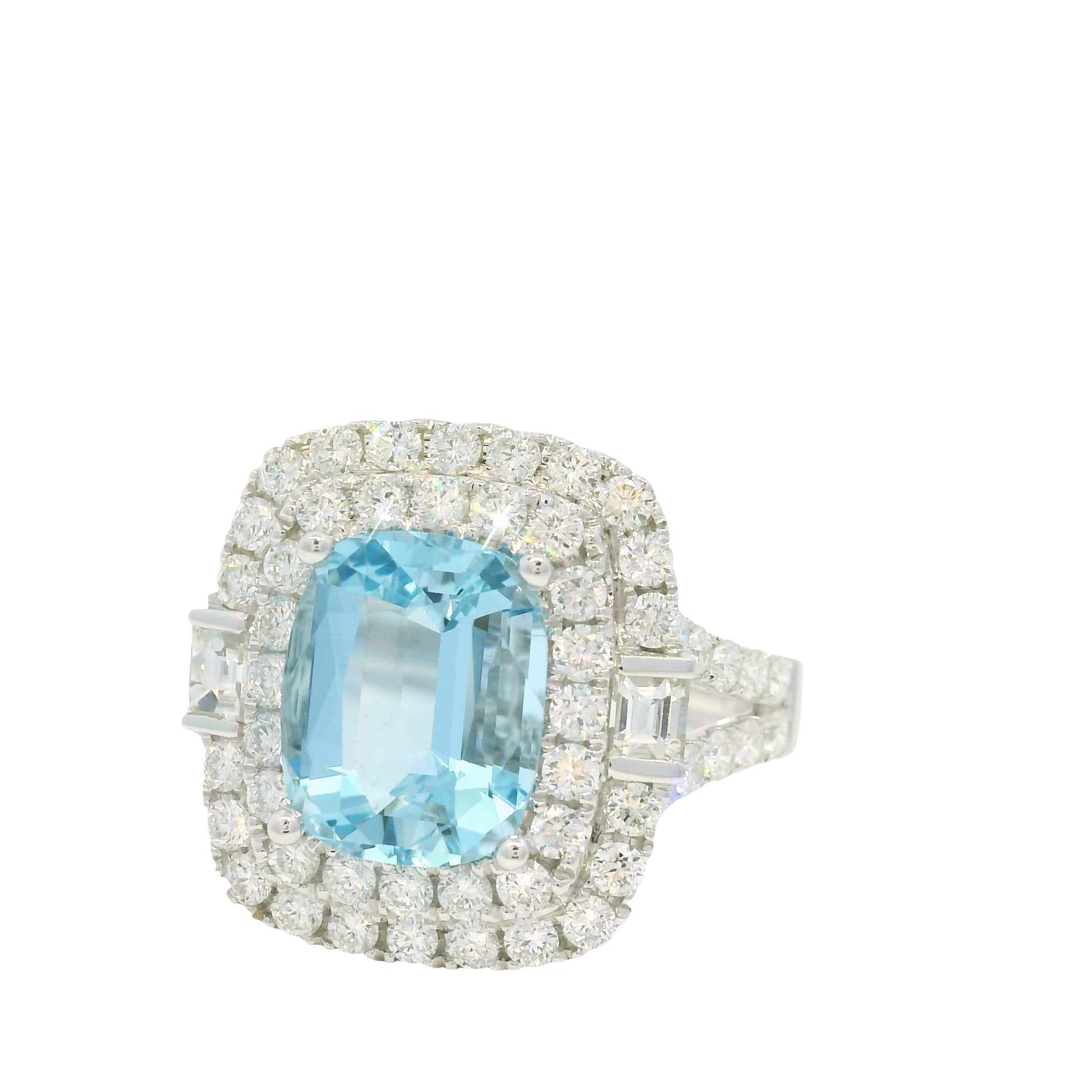14K White Gold Natural Aquamarine & Diamond Double Halo Split Shank Ring