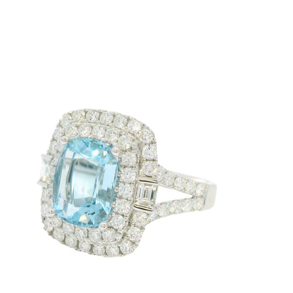14K White Gold Natural Aquamarine & Diamond Double Halo Split Shank Ring