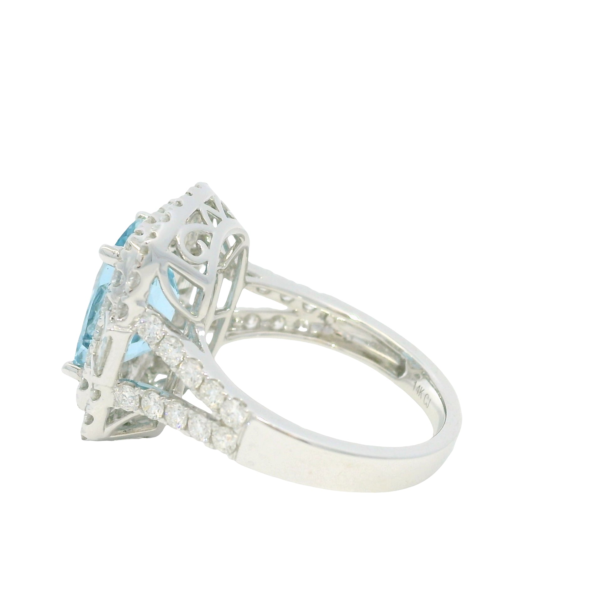 14K White Gold Natural Aquamarine & Diamond Double Halo Split Shank Ring