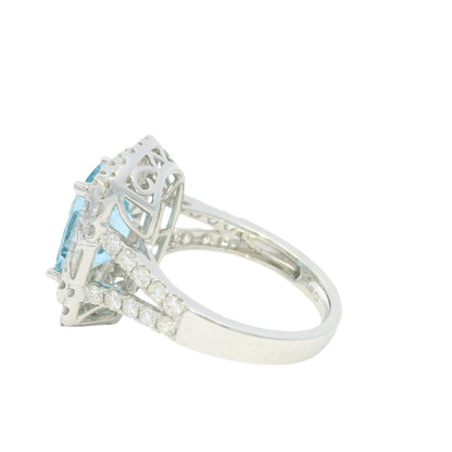 14K White Gold Natural Aquamarine & Diamond Double Halo Split Shank Ring