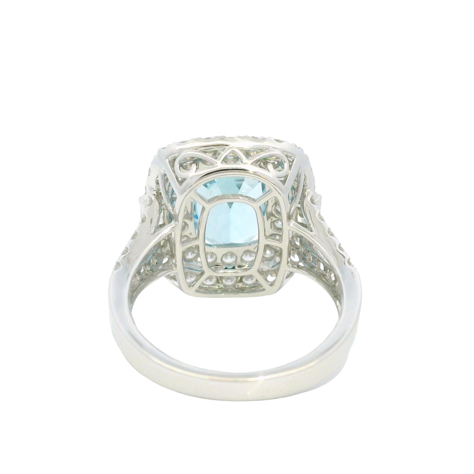 14K White Gold Natural Aquamarine & Diamond Double Halo Split Shank Ring