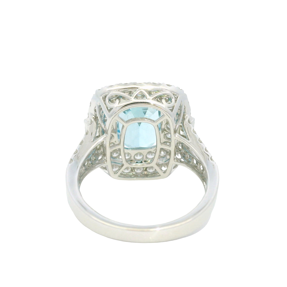 14K White Gold Natural Aquamarine & Diamond Double Halo Split Shank Ring
