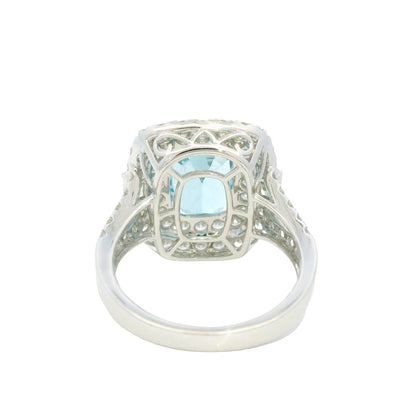 14K White Gold Natural Aquamarine & Diamond Double Halo Split Shank Ring