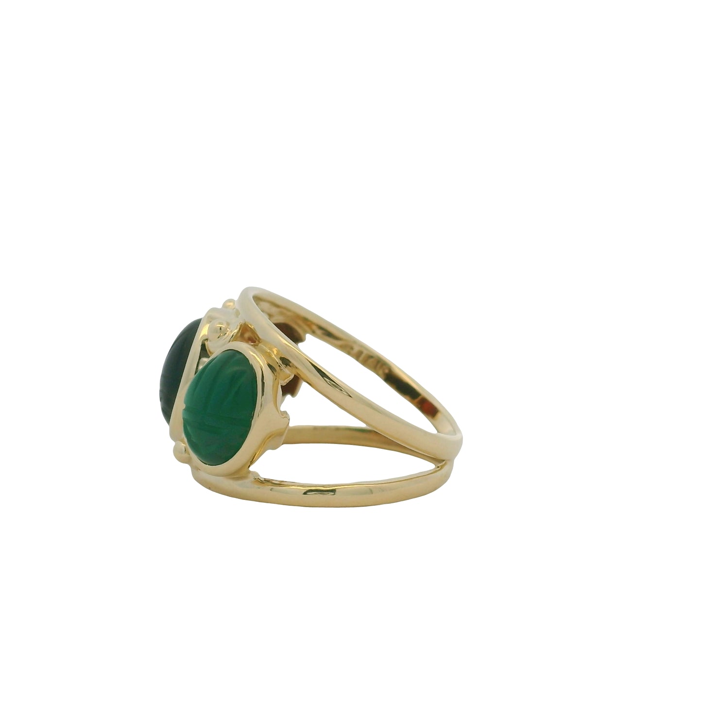 14K Yellow Gold Three Stone Oval Cabochon Scarab Ring