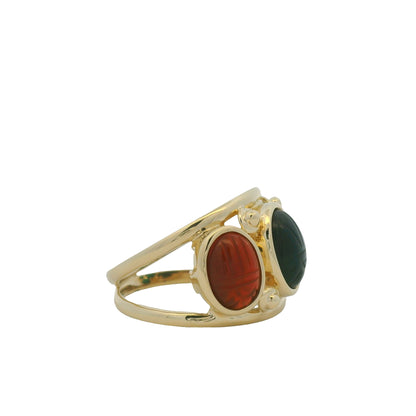 14K Yellow Gold Three Stone Oval Cabochon Scarab Ring