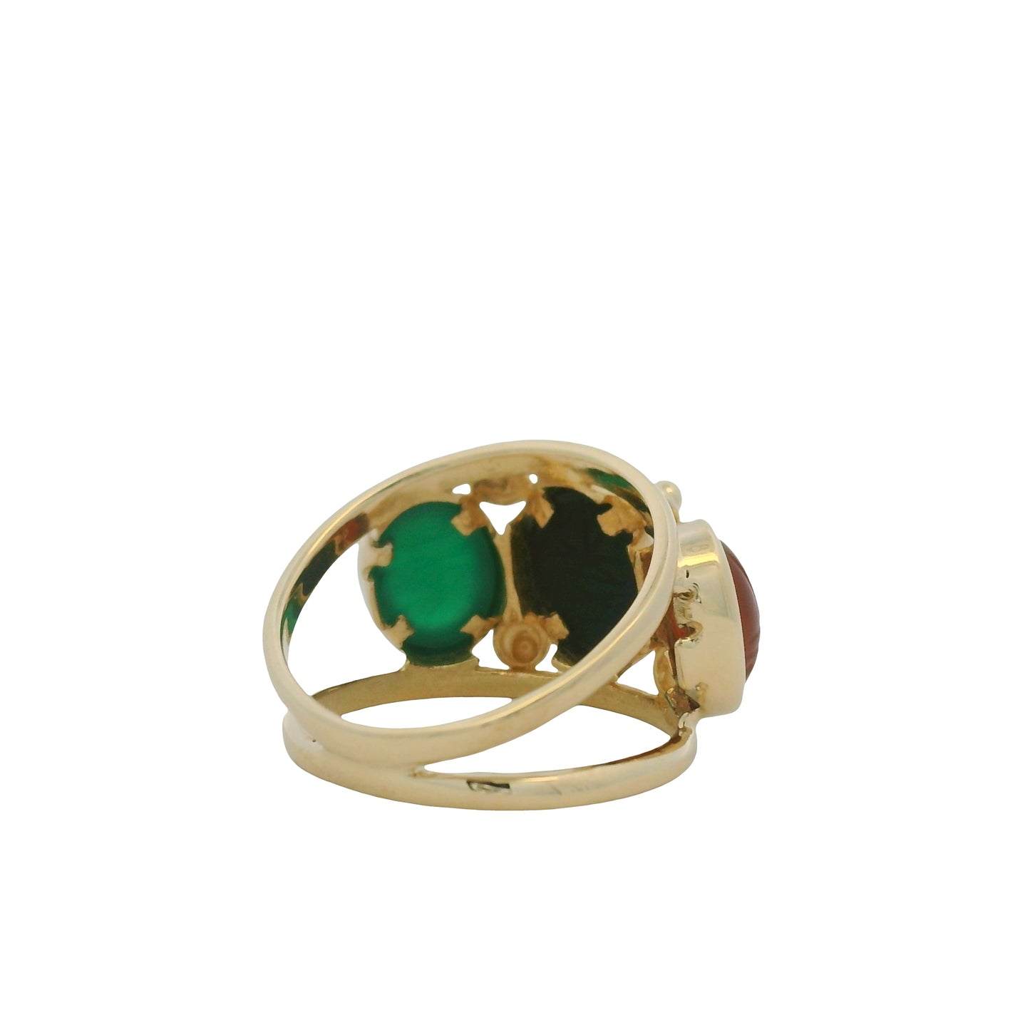 14K Yellow Gold Three Stone Oval Cabochon Scarab Ring