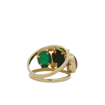 14K Yellow Gold Three Stone Oval Cabochon Scarab Ring