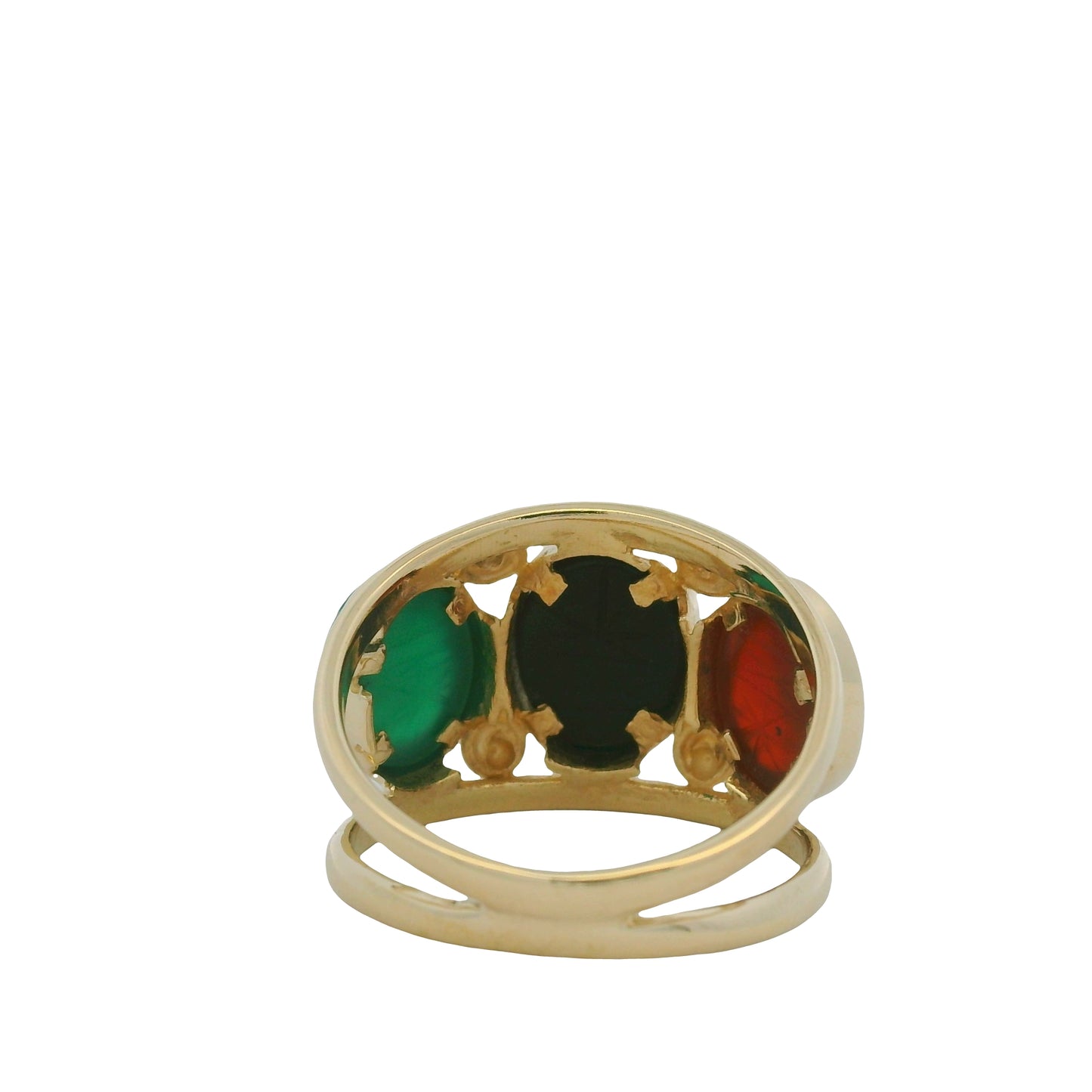 14K Yellow Gold Three Stone Oval Cabochon Scarab Ring