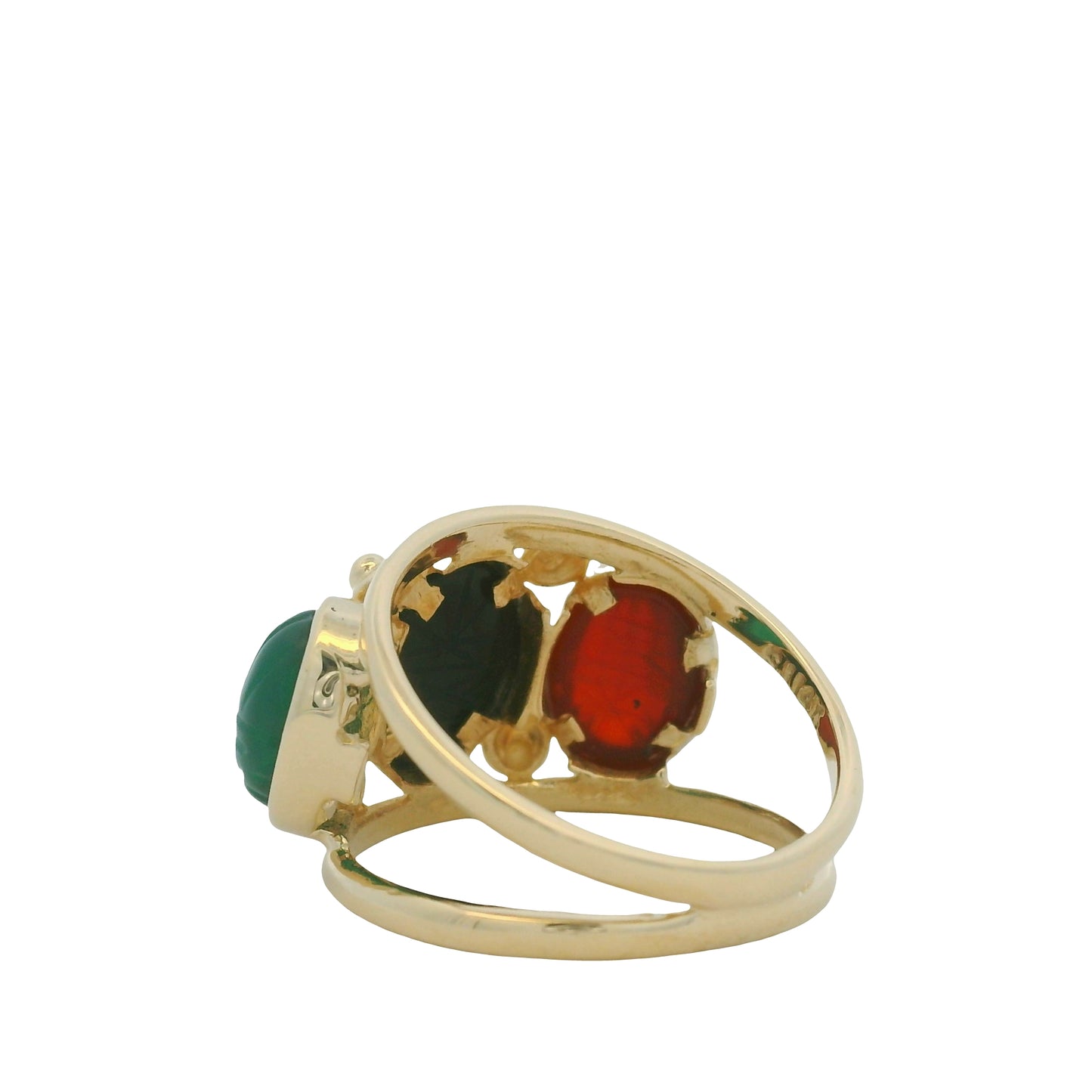 14K Yellow Gold Three Stone Oval Cabochon Scarab Ring