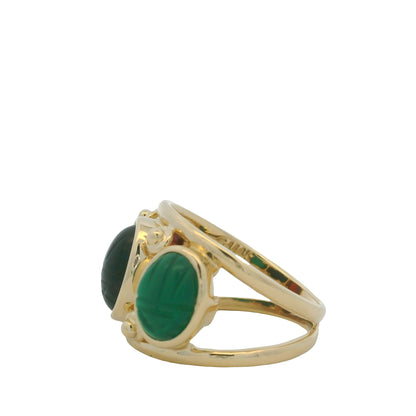 14K Yellow Gold Three Stone Oval Cabochon Scarab Ring