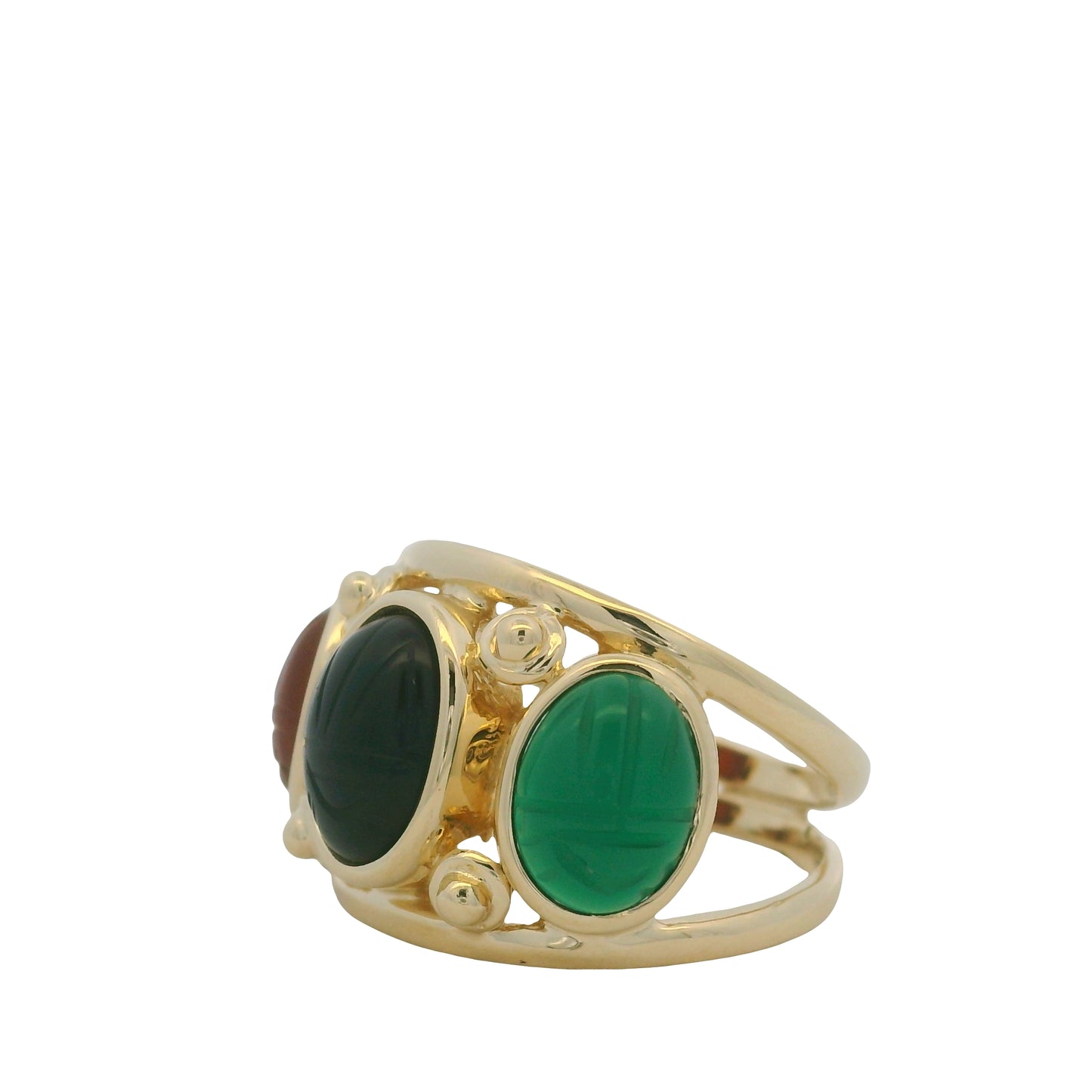 14K Yellow Gold Three Stone Oval Cabochon Scarab Ring