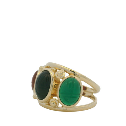 14K Yellow Gold Three Stone Oval Cabochon Scarab Ring
