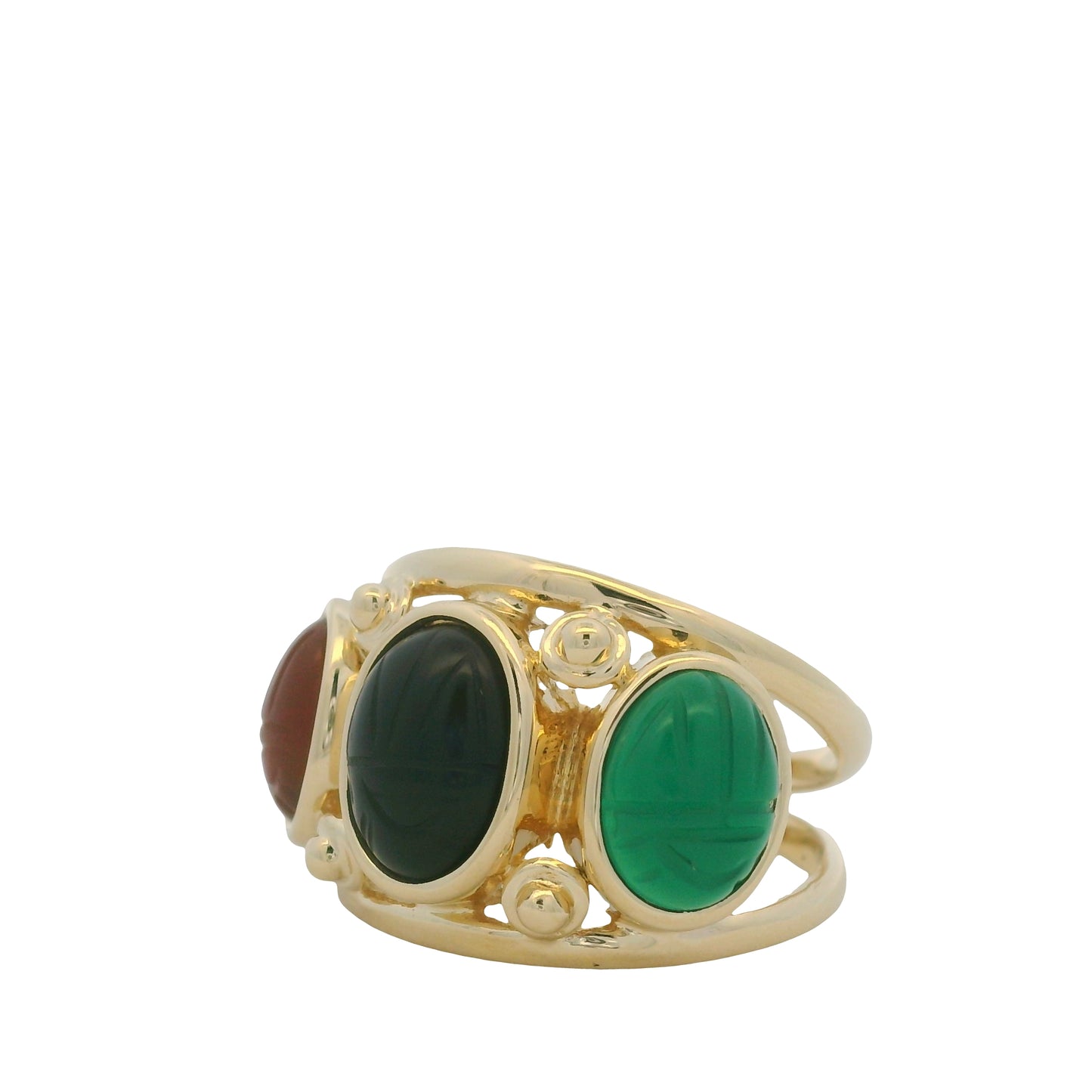 14K Yellow Gold Three Stone Oval Cabochon Scarab Ring