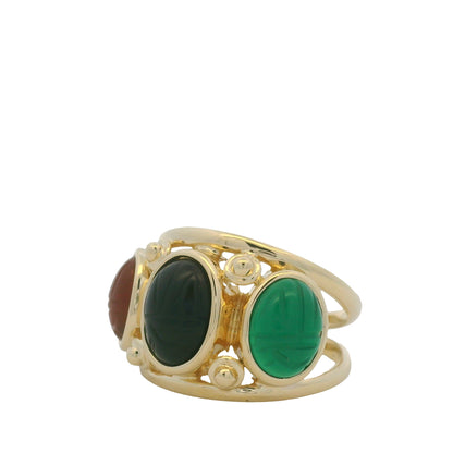 14K Yellow Gold Three Stone Oval Cabochon Scarab Ring