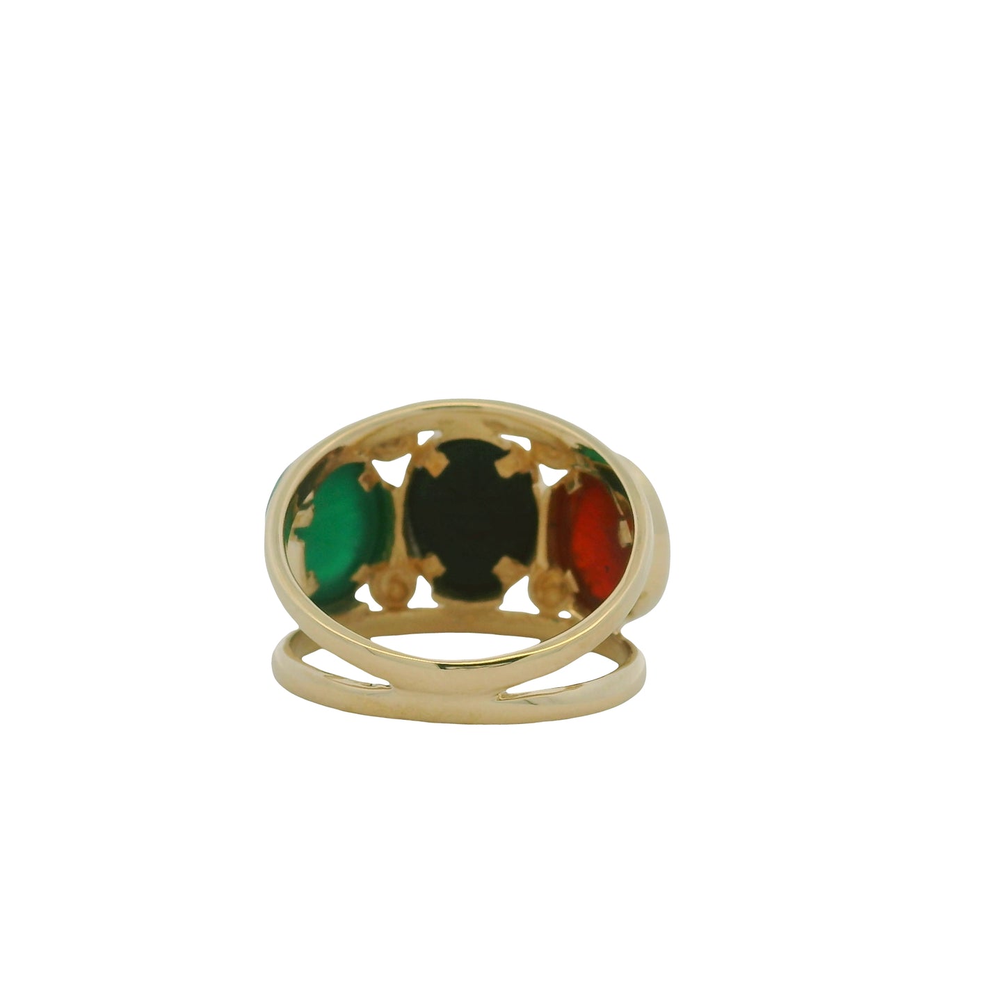 14K Yellow Gold Three Stone Oval Cabochon Scarab Ring