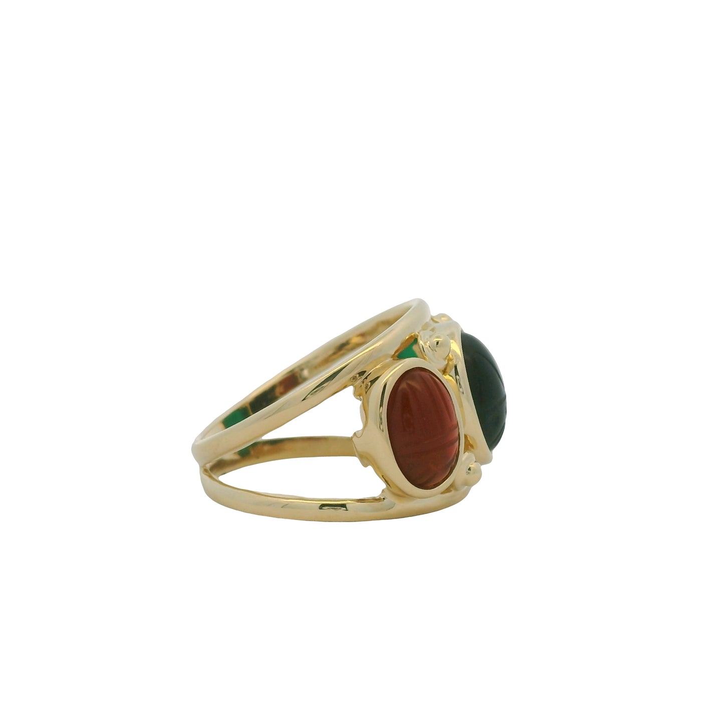 14K Yellow Gold Three Stone Oval Cabochon Scarab Ring