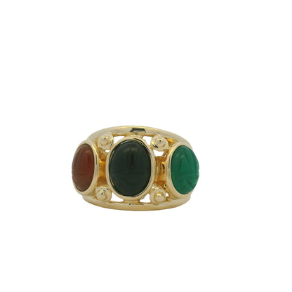 14K Yellow Gold Three Stone Oval Cabochon Scarab Ring