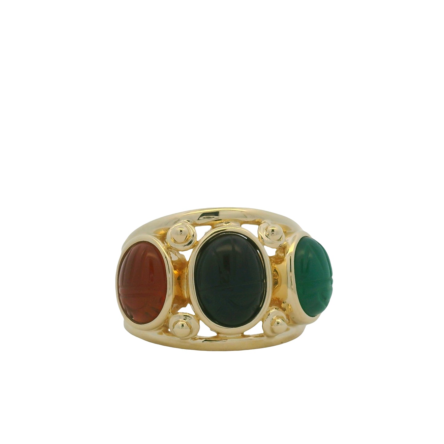 14K Yellow Gold Three Stone Oval Cabochon Scarab Ring
