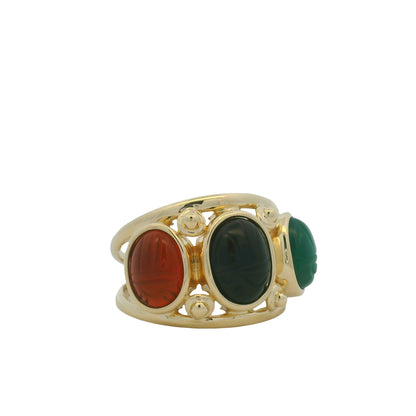 14K Yellow Gold Three Stone Oval Cabochon Scarab Ring