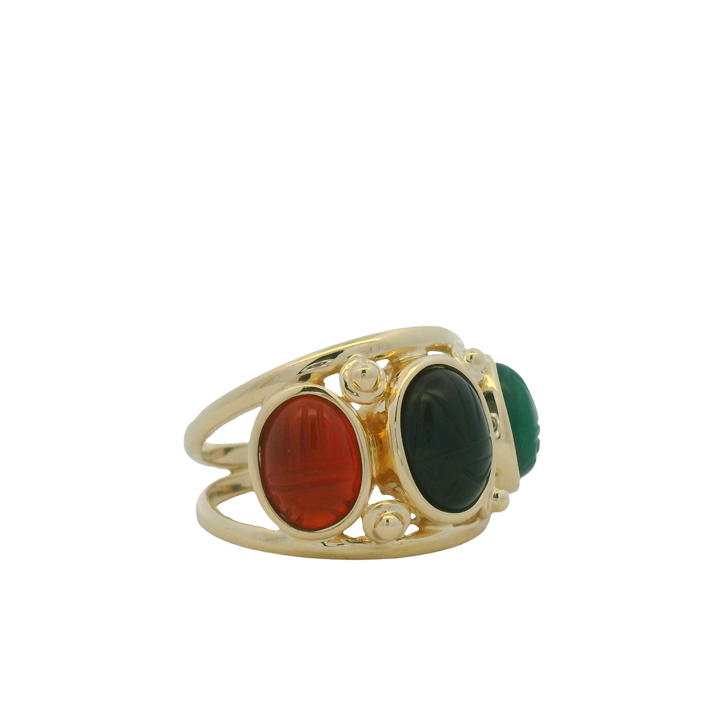 14K Yellow Gold Three Stone Oval Cabochon Scarab Ring