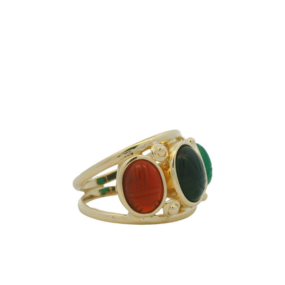 14K Yellow Gold Three Stone Oval Cabochon Scarab Ring