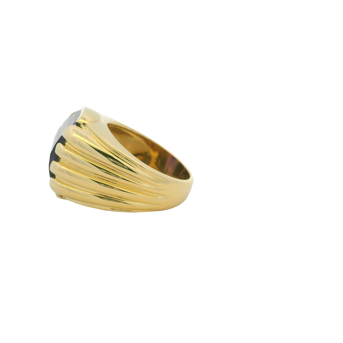 18K Yellow Gold Fancy Cut Purple Amethyst Wide Ribbed Ring