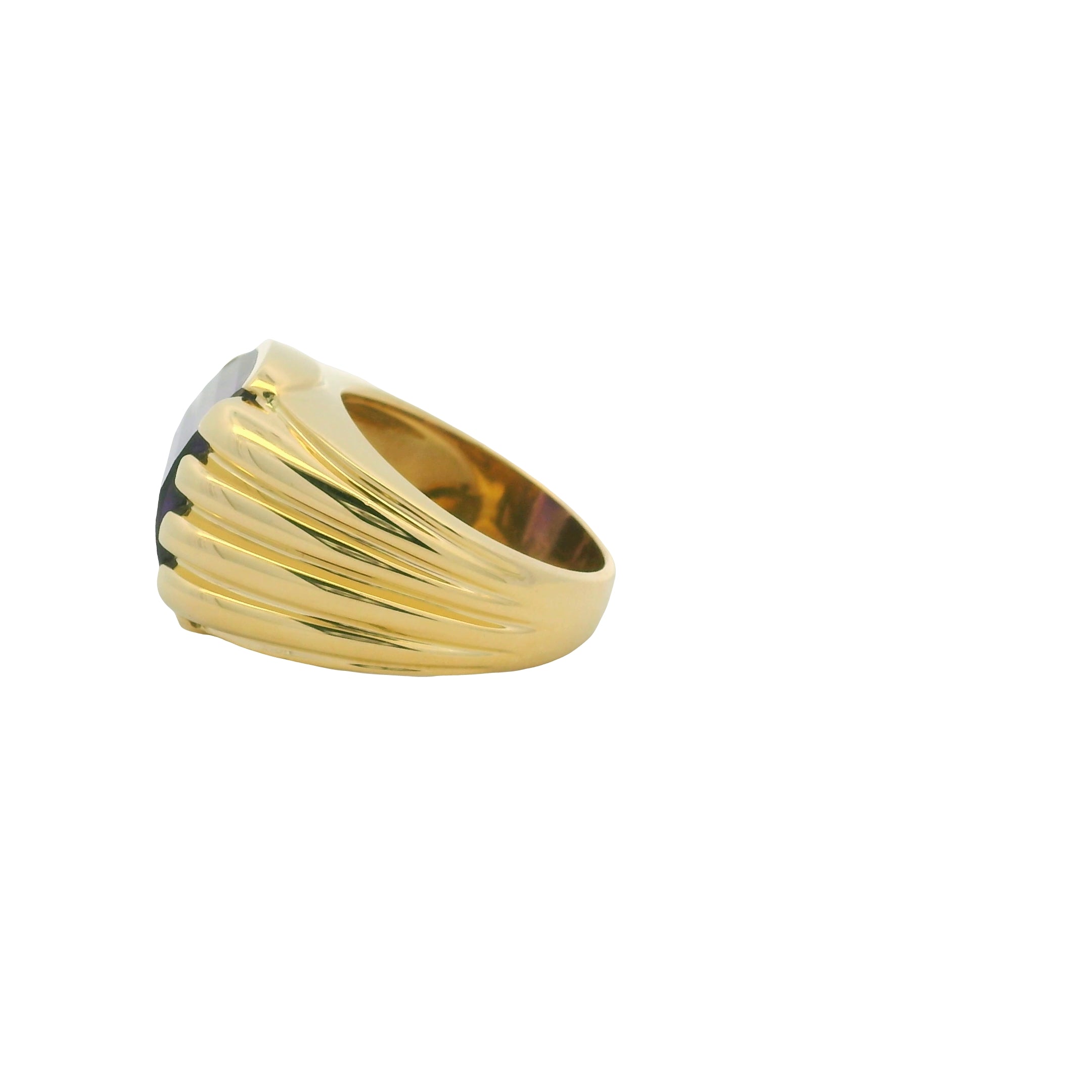 18K Yellow Gold Fancy Cut Purple Amethyst Wide Ribbed Ring