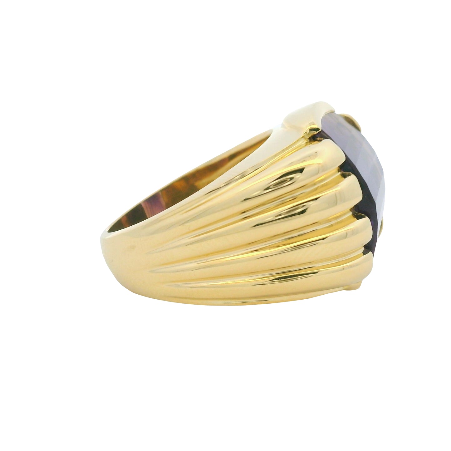 18K Yellow Gold Fancy Cut Purple Amethyst Wide Ribbed Ring
