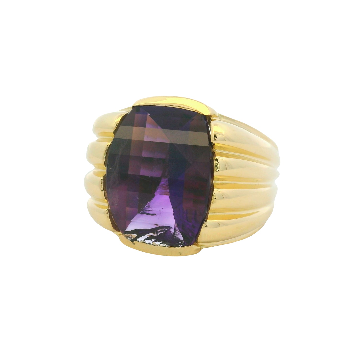 18K Yellow Gold Fancy Cut Purple Amethyst Wide Ribbed Ring