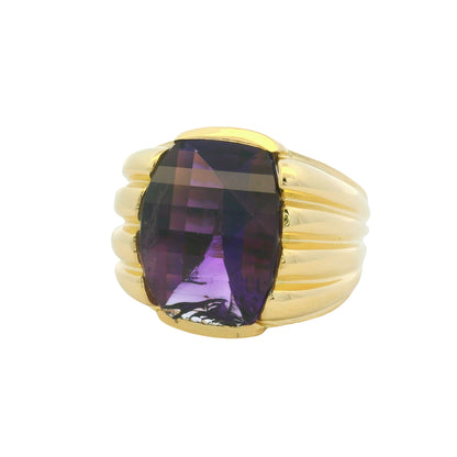 18K Yellow Gold Fancy Cut Purple Amethyst Wide Ribbed Ring