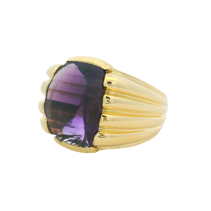 18K Yellow Gold Fancy Cut Purple Amethyst Wide Ribbed Ring