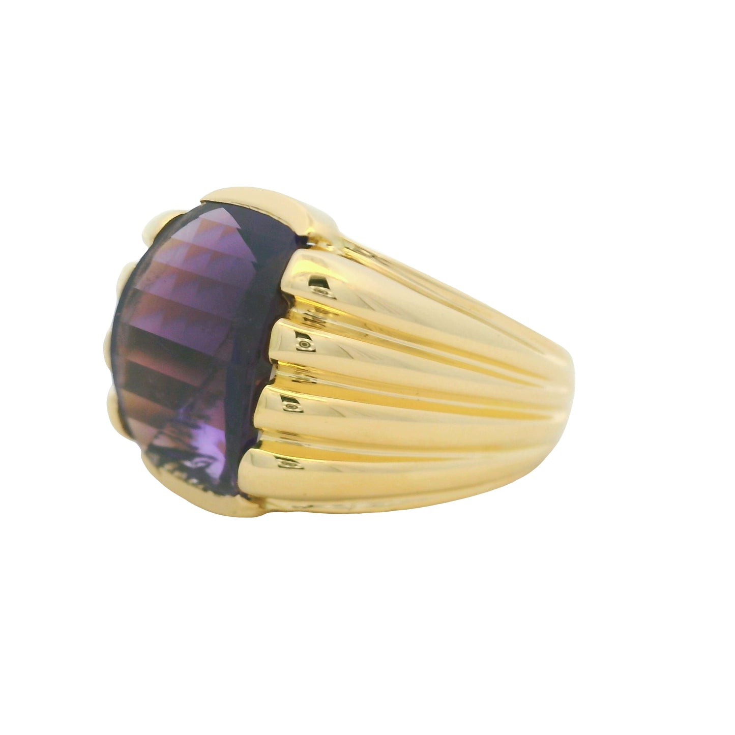 18K Yellow Gold Fancy Cut Purple Amethyst Wide Ribbed Ring