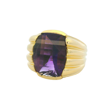 18K Yellow Gold Fancy Cut Purple Amethyst Wide Ribbed Ring