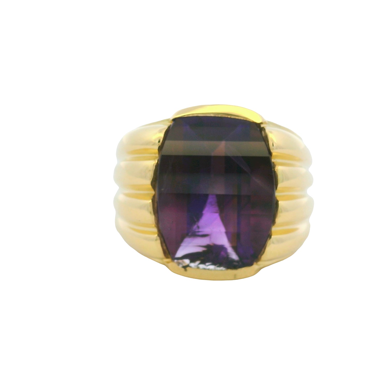 18K Yellow Gold Fancy Cut Purple Amethyst Wide Ribbed Ring