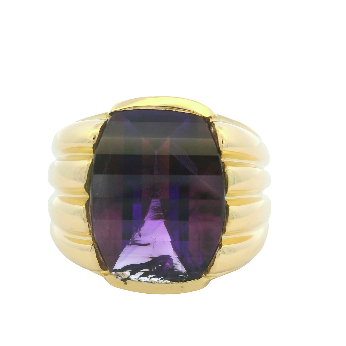 18K Yellow Gold Fancy Cut Purple Amethyst Wide Ribbed Ring