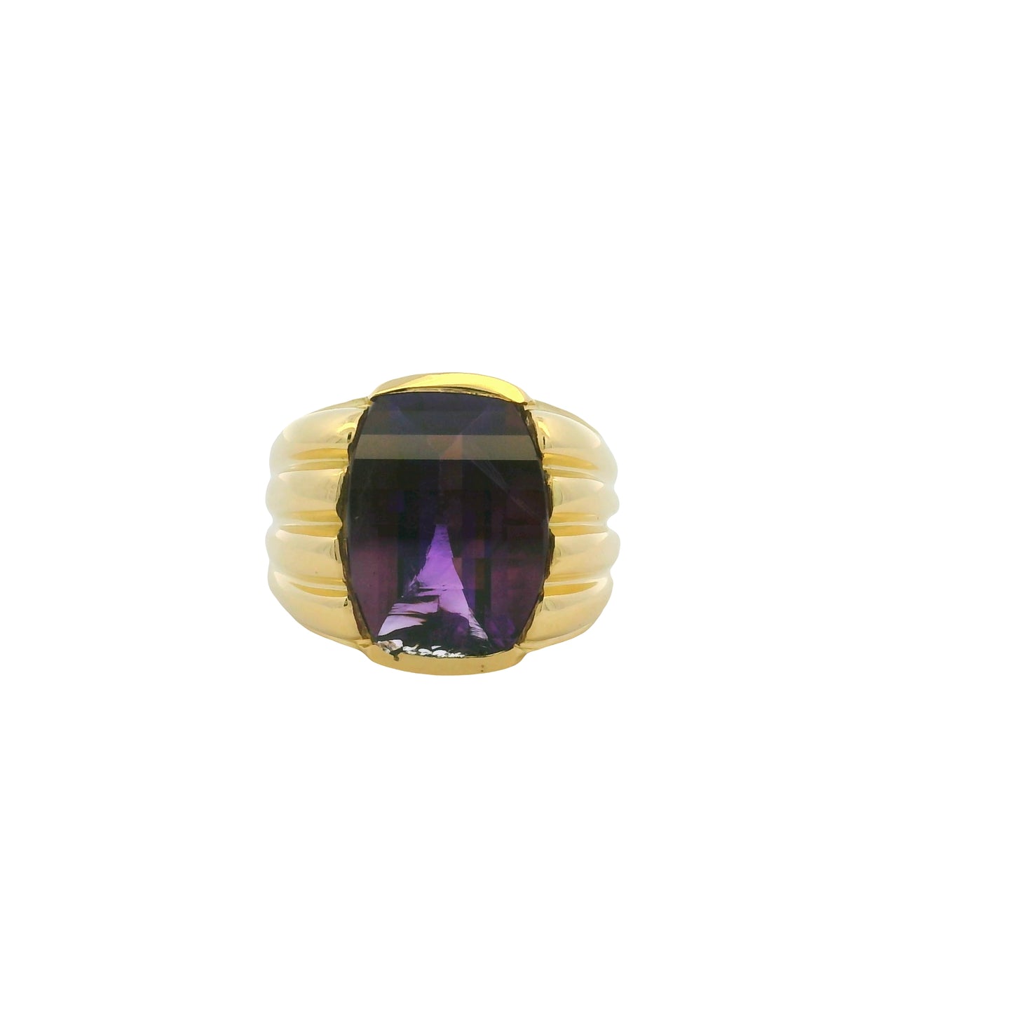 18K Yellow Gold Fancy Cut Purple Amethyst Wide Ribbed Ring