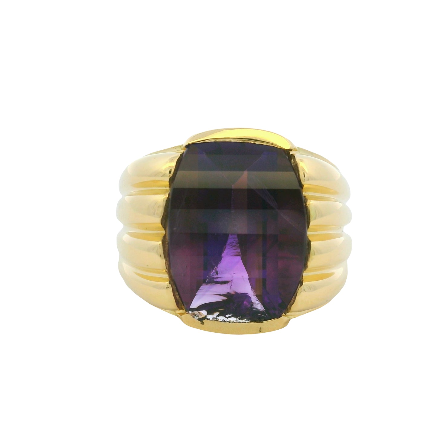 18K Yellow Gold Fancy Cut Purple Amethyst Wide Ribbed Ring