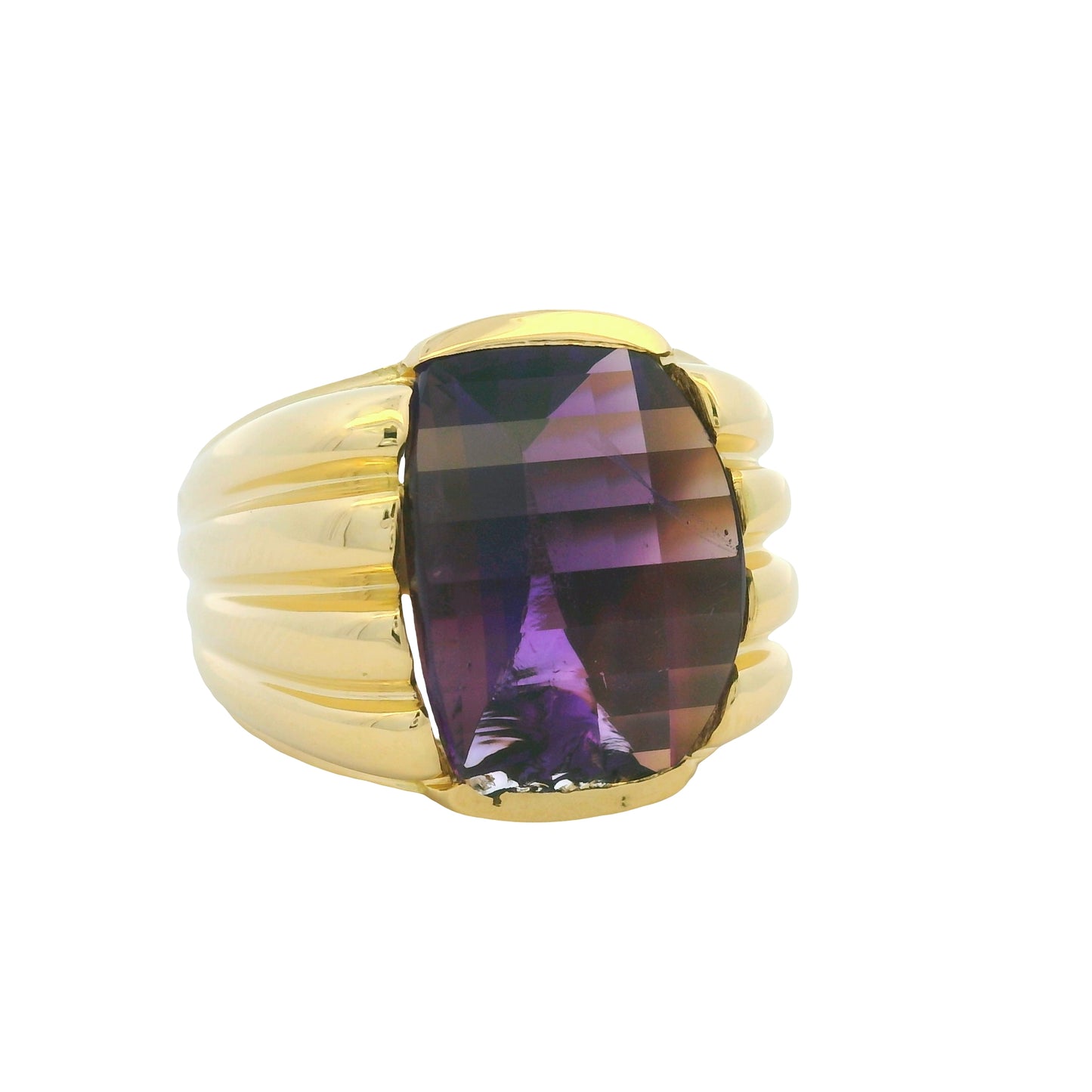 18K Yellow Gold Fancy Cut Purple Amethyst Wide Ribbed Ring