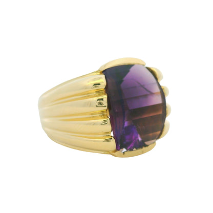 18K Yellow Gold Fancy Cut Purple Amethyst Wide Ribbed Ring