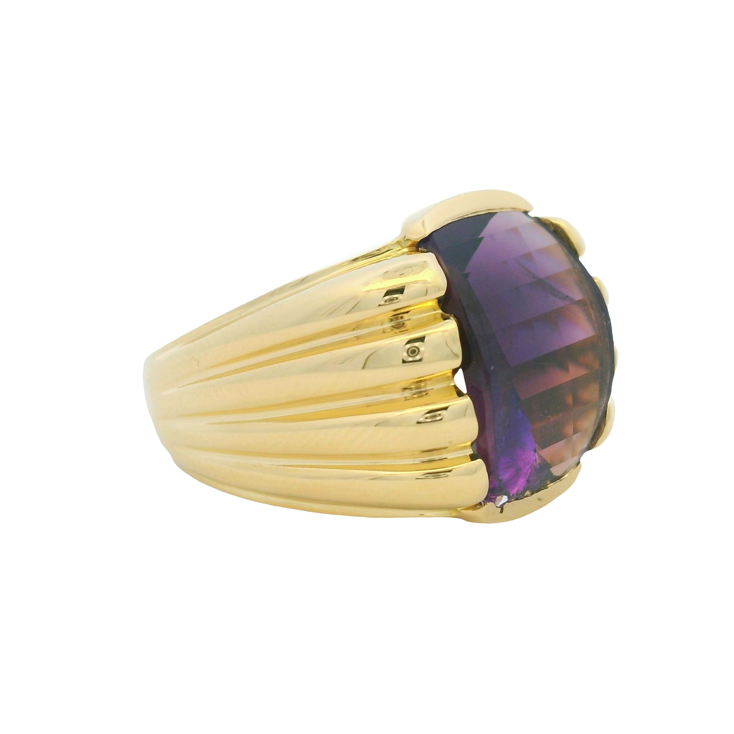 18K Yellow Gold Fancy Cut Purple Amethyst Wide Ribbed Ring