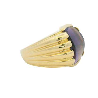 18K Yellow Gold Fancy Cut Purple Amethyst Wide Ribbed Ring