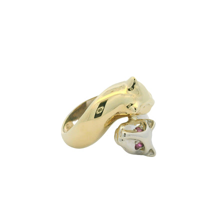 14K Two-Tone Gold Two Panther Ruby & Sapphire Eye Crossover Ring