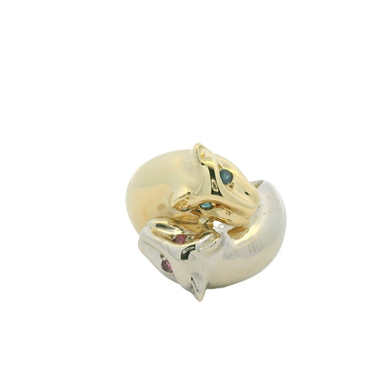 14K Two-Tone Gold Two Panther Ruby & Sapphire Eye Crossover Ring