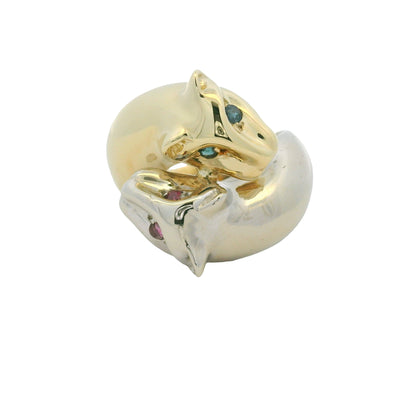 14K Two-Tone Gold Two Panther Ruby & Sapphire Eye Crossover Ring
