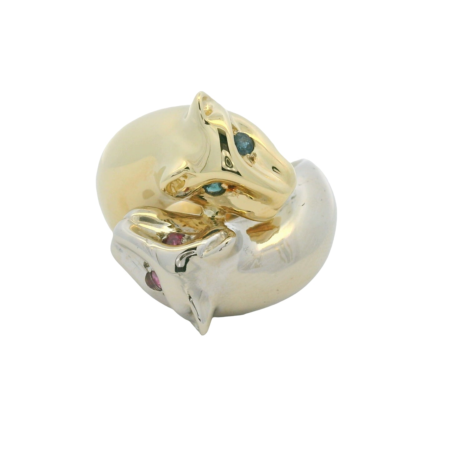 14K Two-Tone Gold Two Panther Ruby & Sapphire Eye Crossover Ring