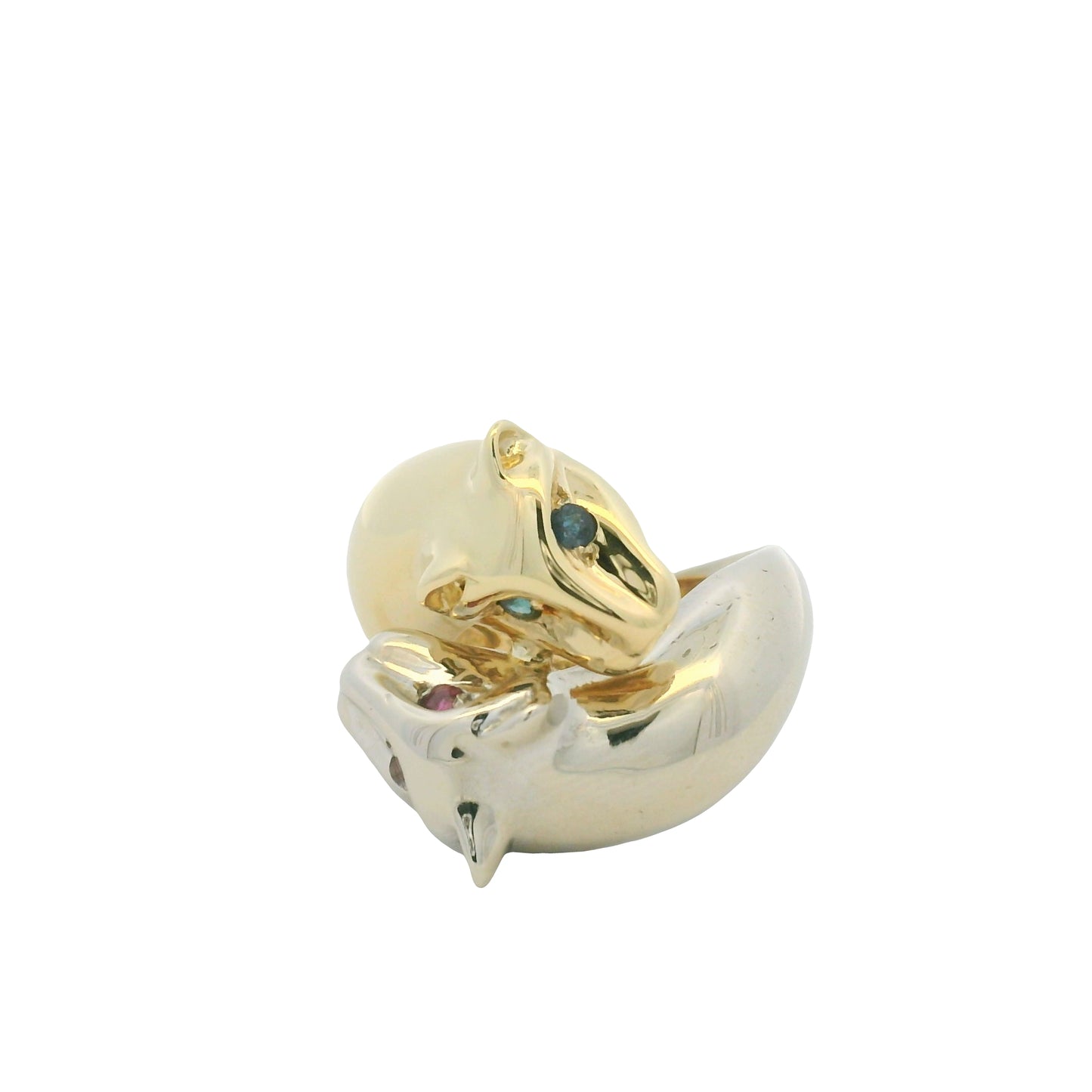 14K Two-Tone Gold Two Panther Ruby & Sapphire Eye Crossover Ring