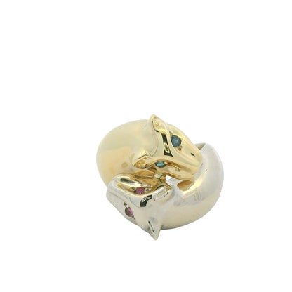 14K Two-Tone Gold Two Panther Ruby & Sapphire Eye Crossover Ring