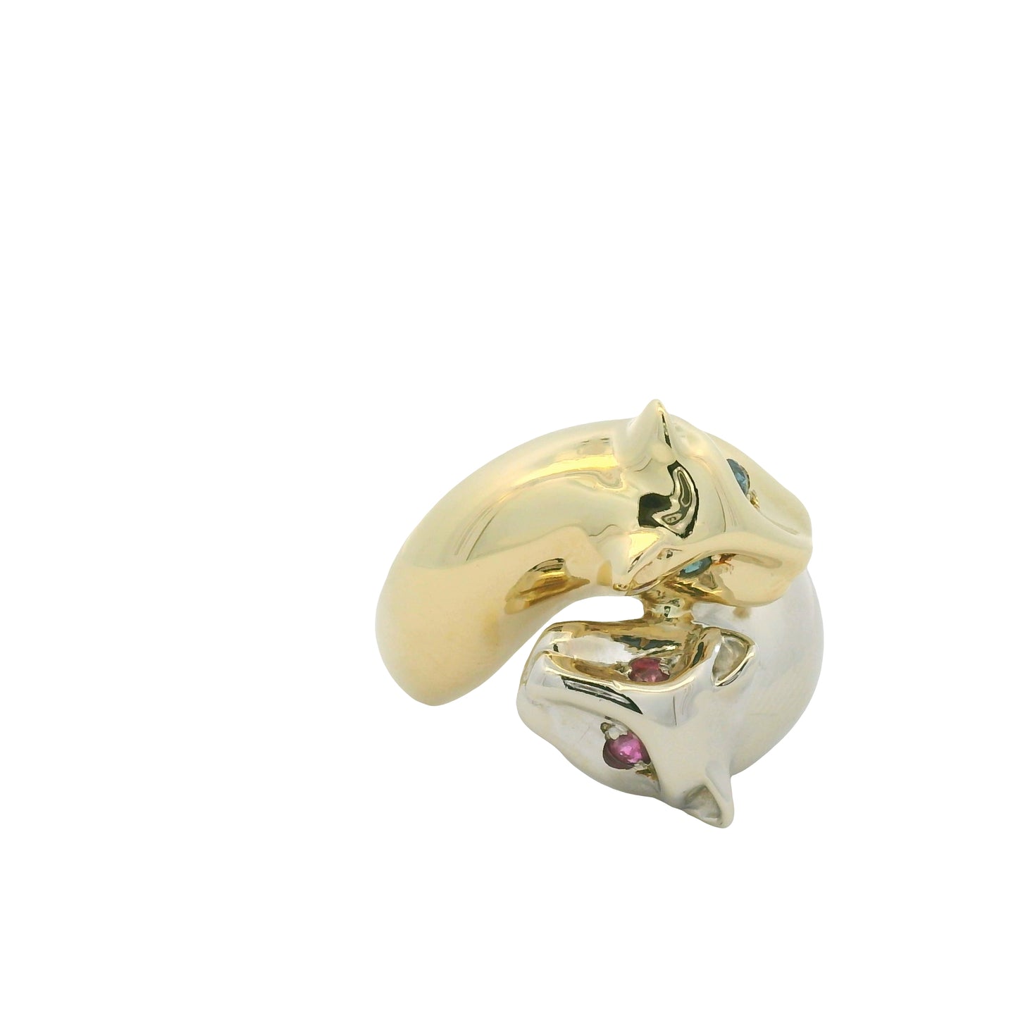 14K Two-Tone Gold Two Panther Ruby & Sapphire Eye Crossover Ring