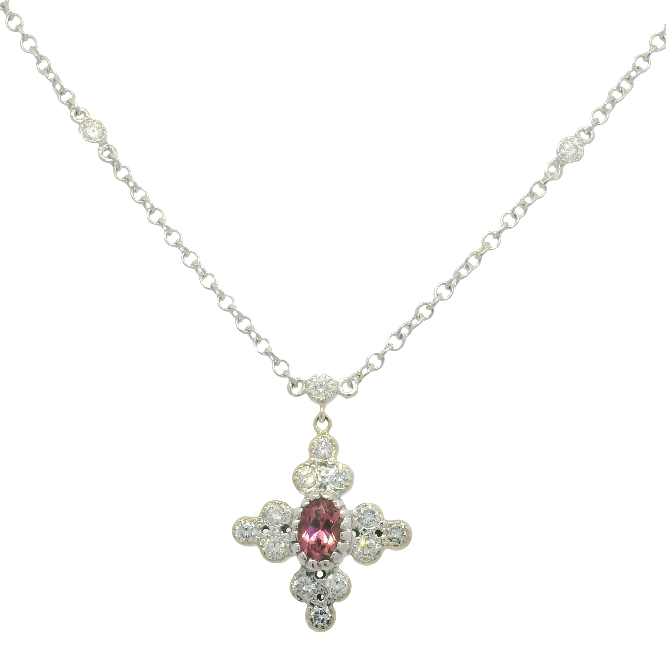 18k White Gold Natural Diamond and Oval Shape Tourmaline Necklace